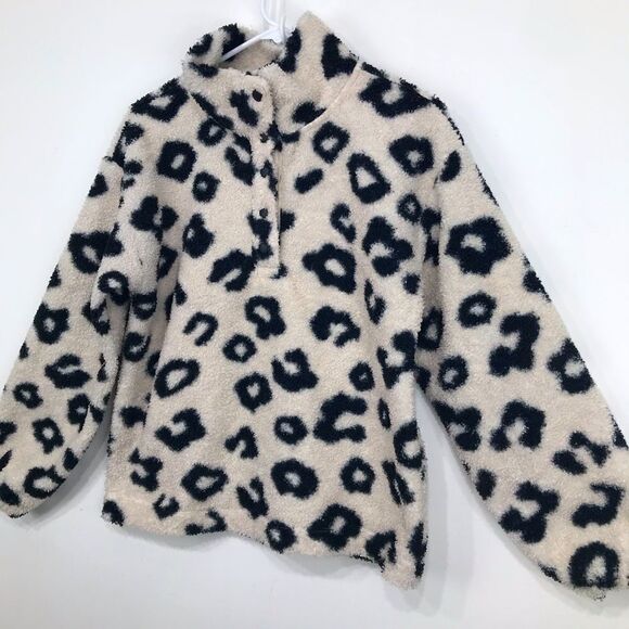 LOFT Cream Black Cheetah Print Quarter Snap Cozy Fleece Pullover - Picture 3 of 13